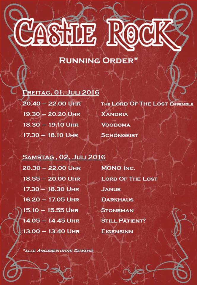 Flyer: Castle Rock 2016 - Running Order (Quelle: Castle Rock homepage / Michael Bohnes)